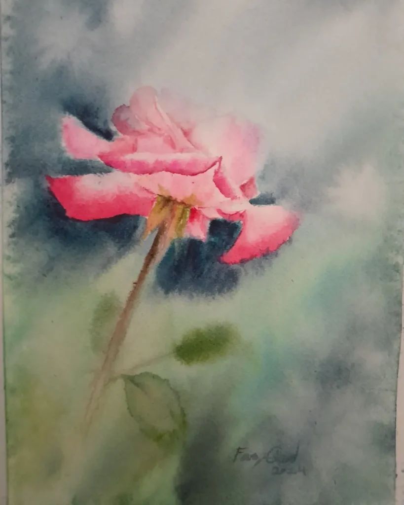 نقاشی آبرنگ گل رز، نور و سایه