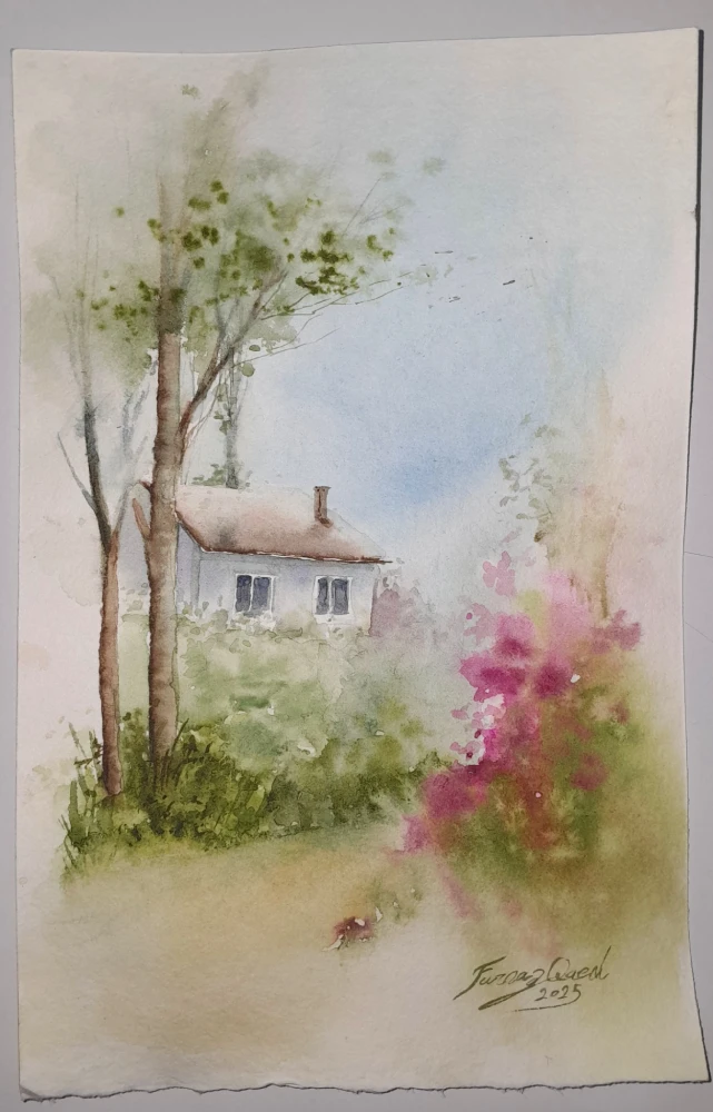 کلبه و درخت آبرنگ